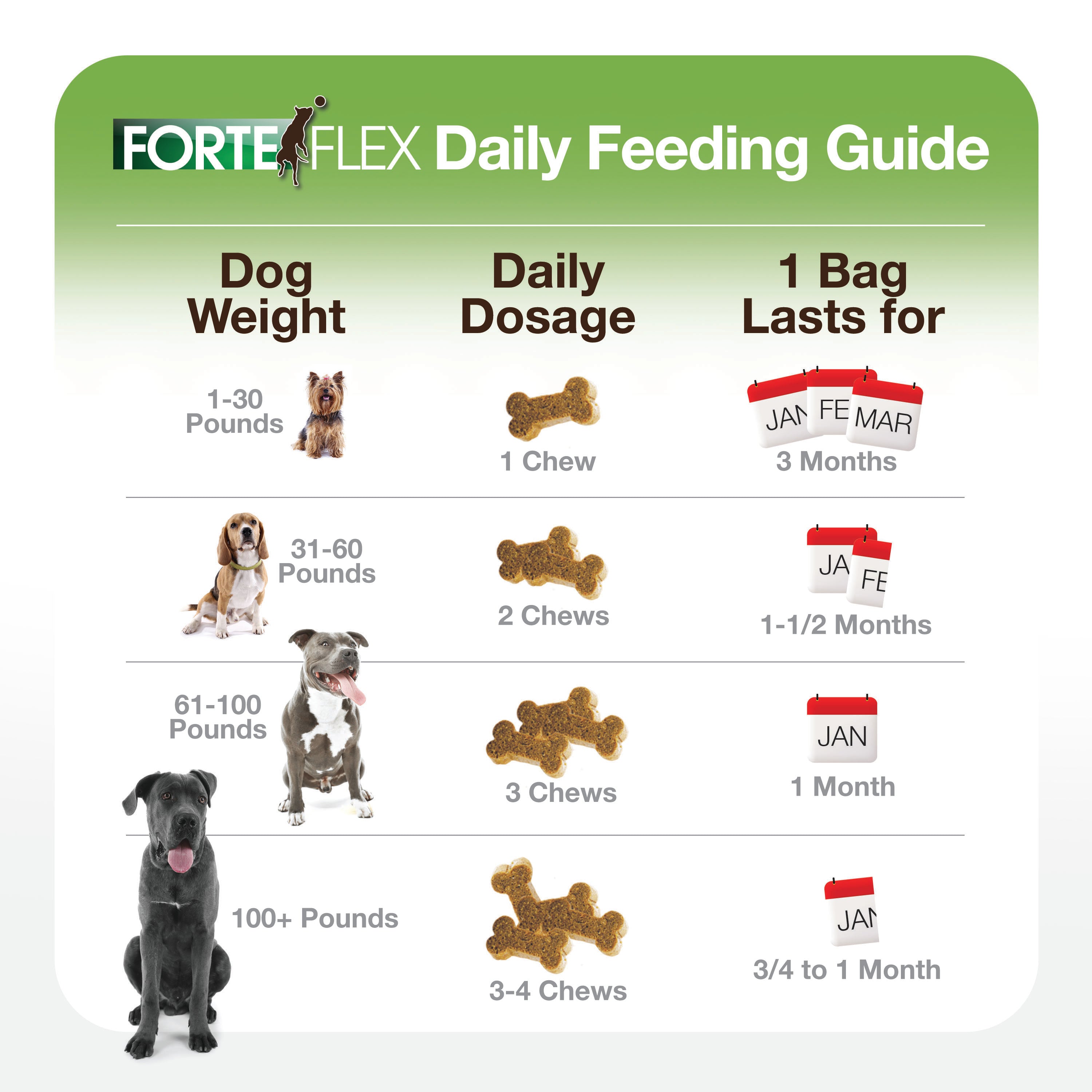 Forte Flex K9 daily feeding guide for dogs by weight

